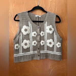 Pink Ripple crochet Brown Floral Knit sweater vest Top L